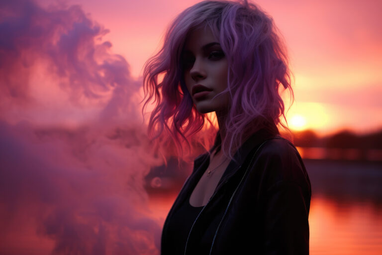 Girl with pink hair at sunset