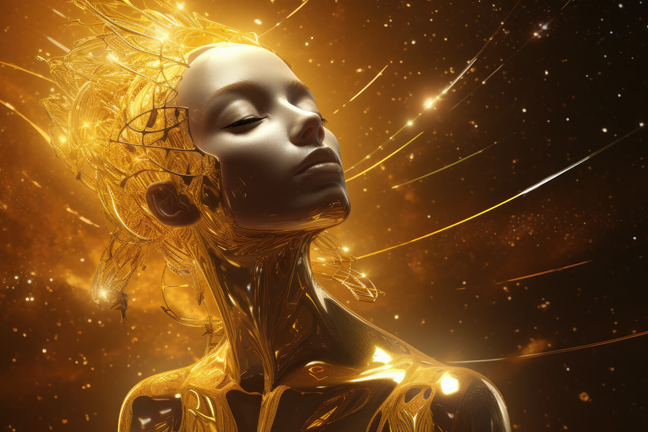 Woman with golden skin on stars background