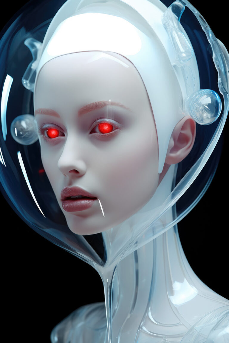 Girl in transparent helmet with red eyes