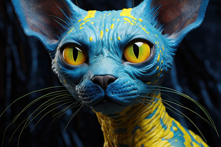 Blue with yellow alien Sphynx cat