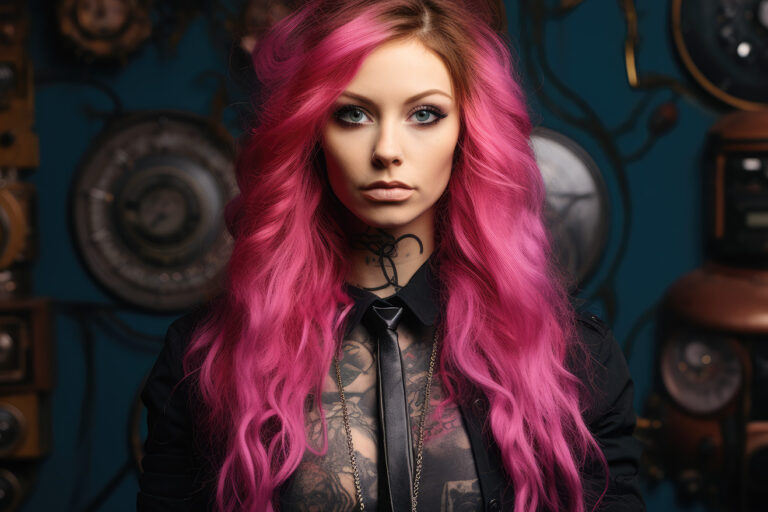 Woman with long pink hair and tattoo