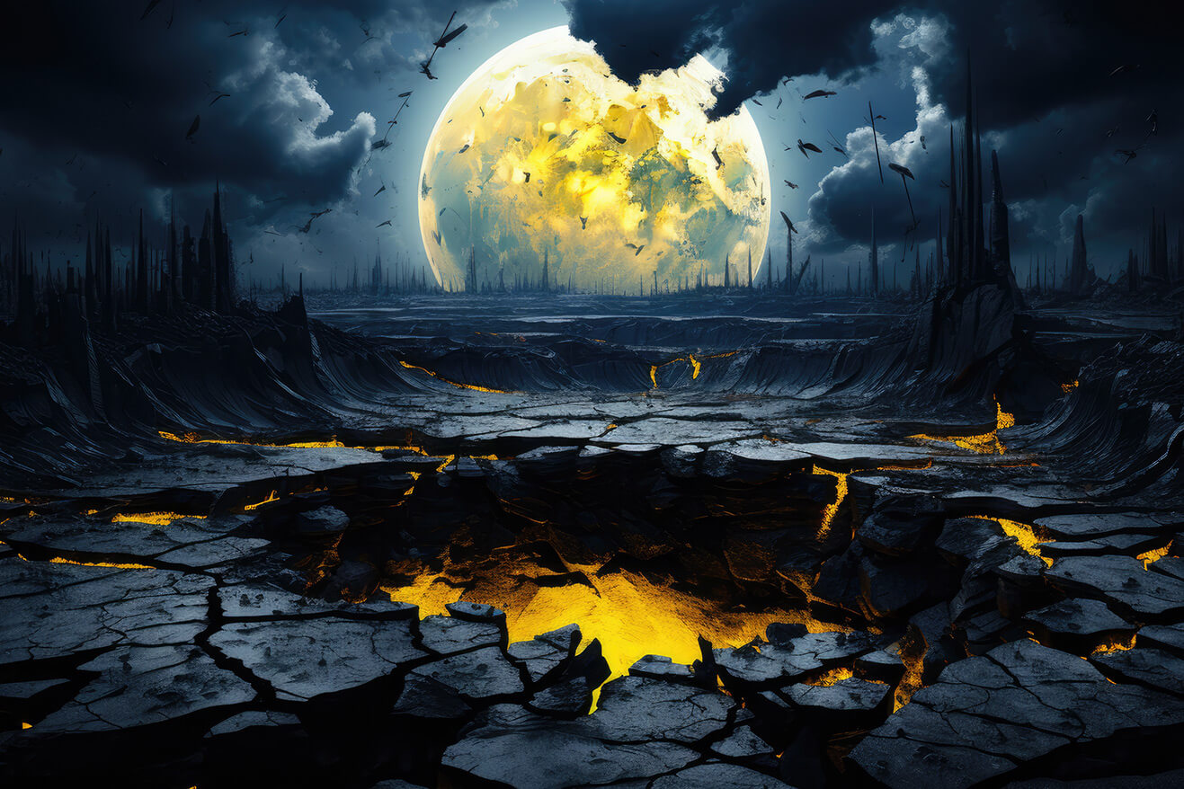 Dark terrific planet landscape with big yellow moon
