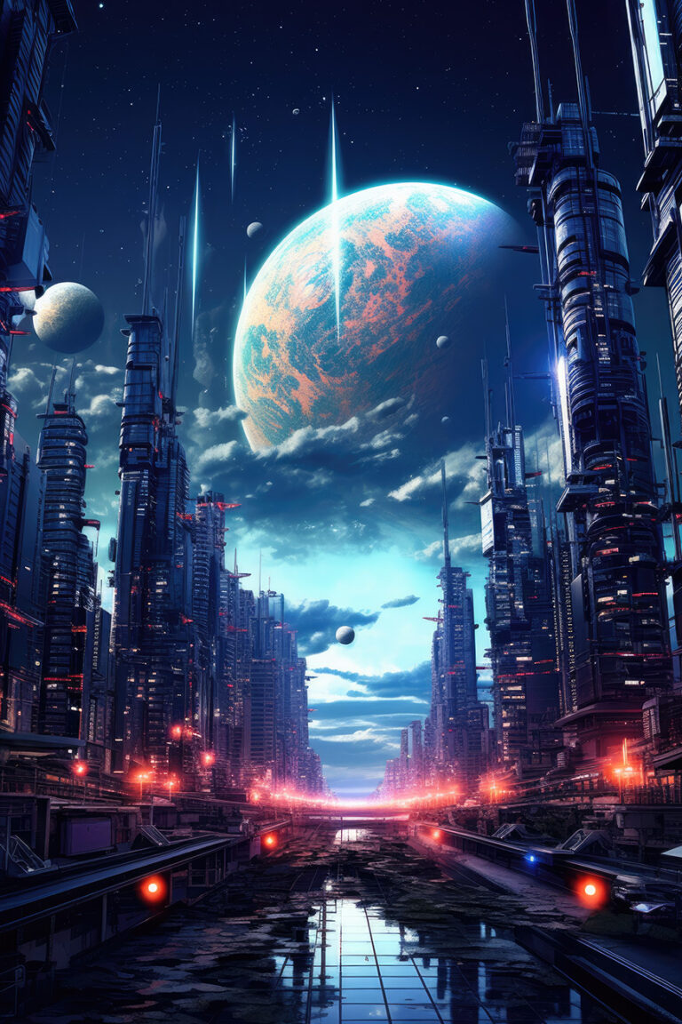 Futuristic city on some planet with big moon