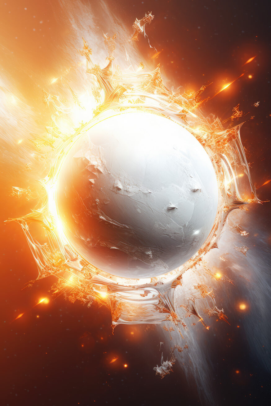 White snow planet in fire flames