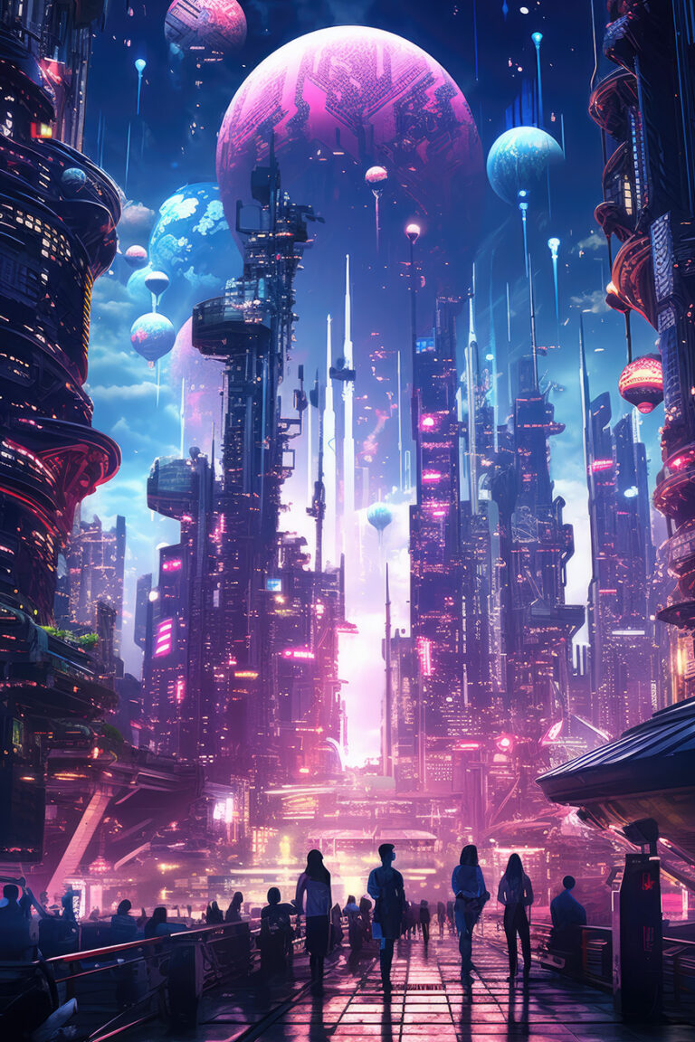 City in neon lights on unknown planet