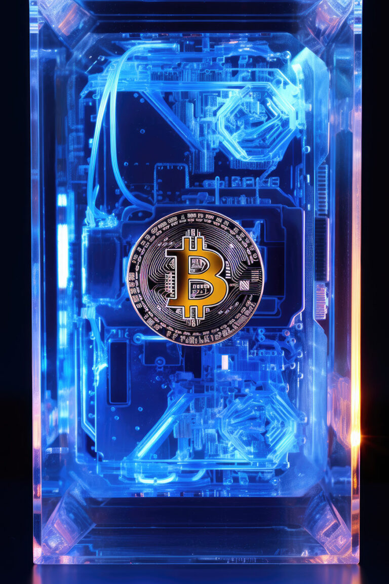 Bitcoin logo in blue transparent cube