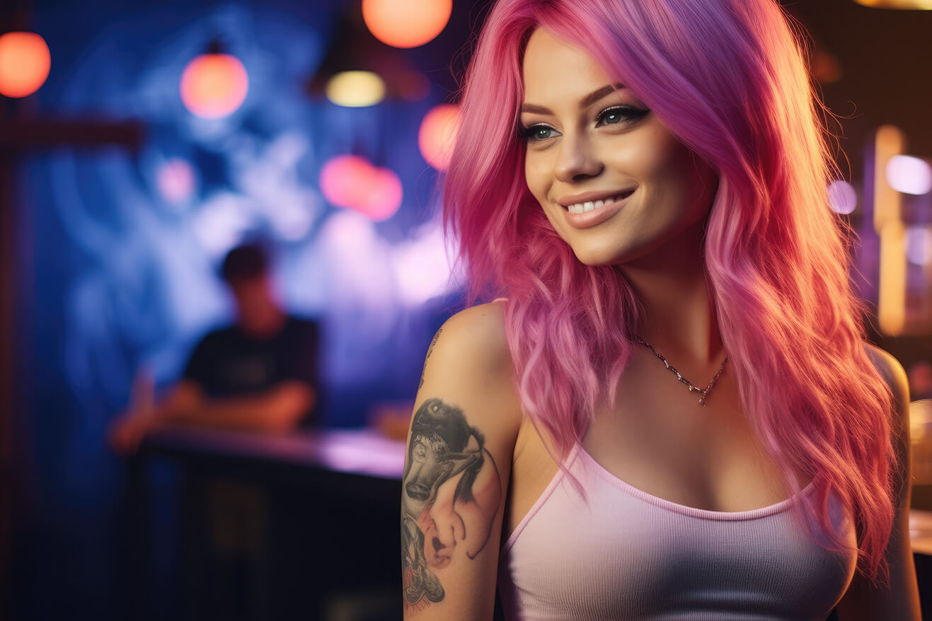 Beautiful girl with long pink hair and tattoo