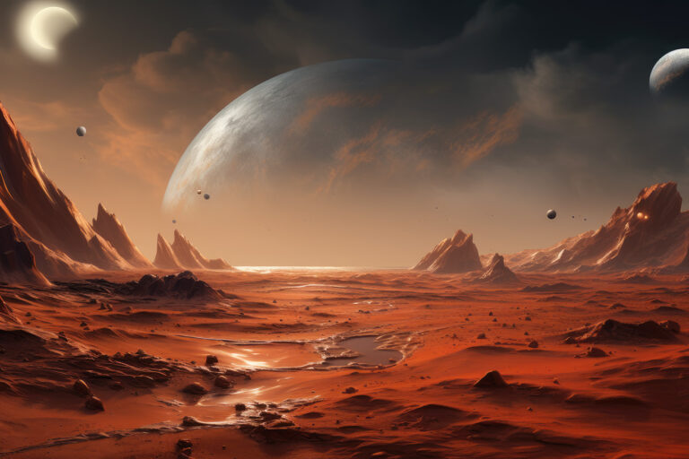 Red planet landscape with huge planet at horizon