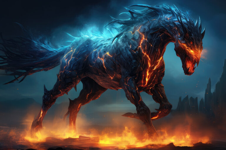 Monster horse in blue lights and fire