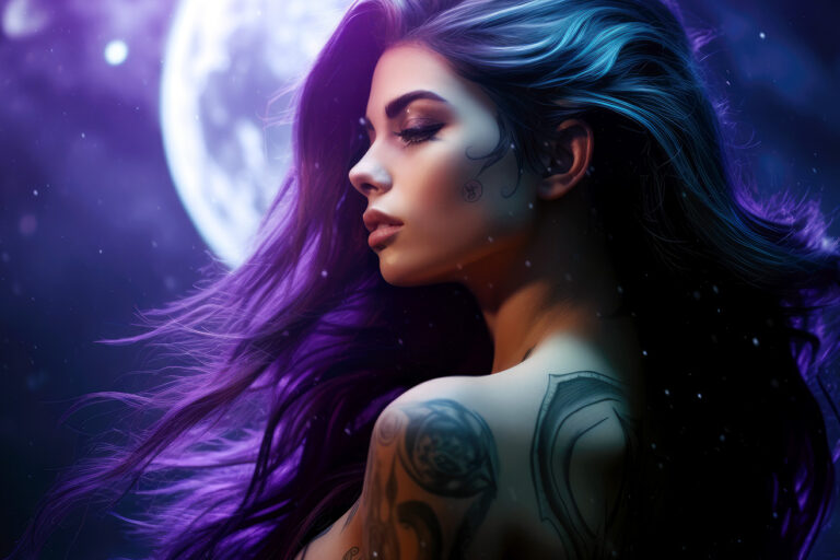 Girl with violet hair and tattoo opposite moon