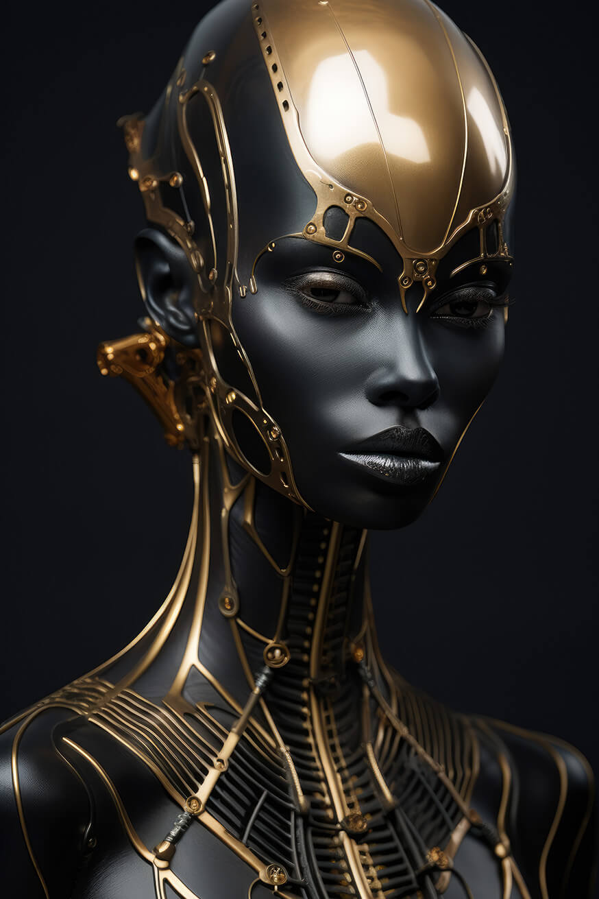 Woman with black skin and golden suit