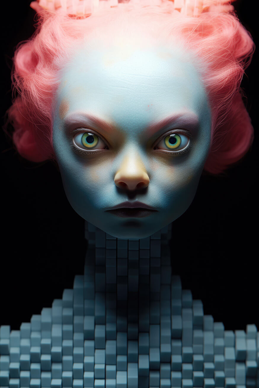 Strange mosaic alien girl with pink hair