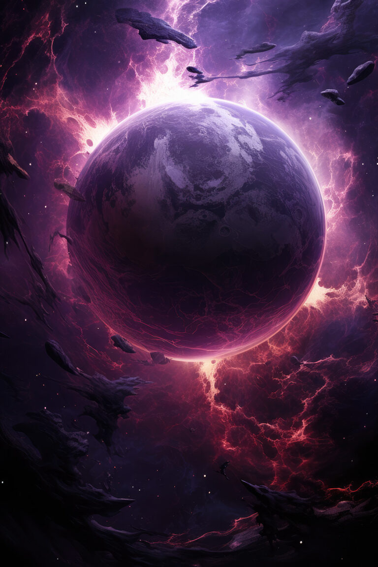 Violet planet in space with fire flames