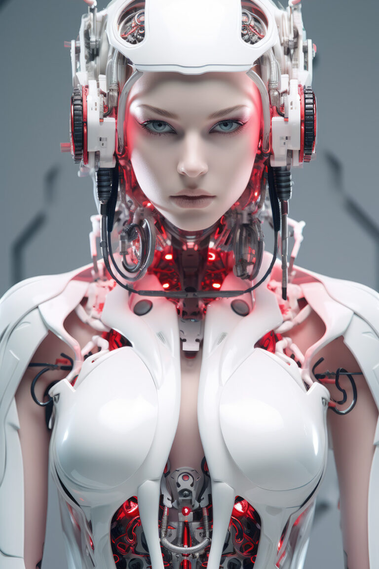 Robotic woman in white futuristic suit