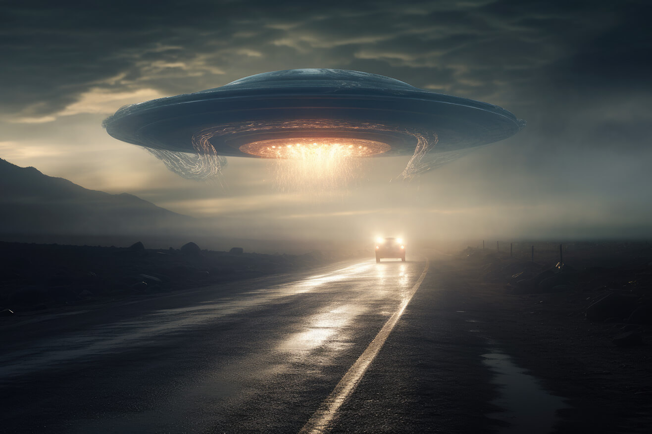 UFO disk floating over the road