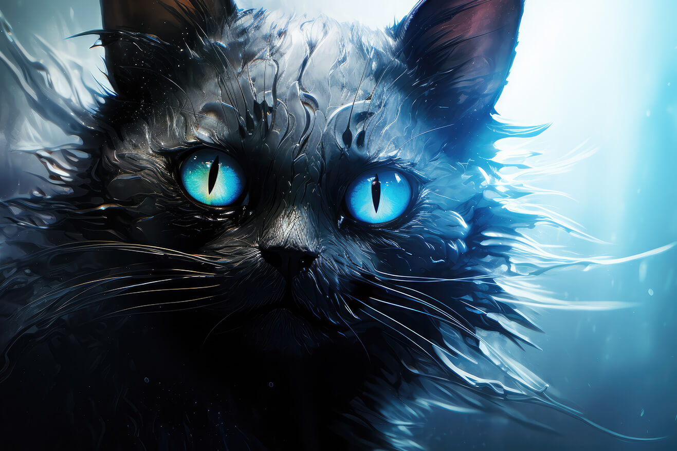 Strange black cat with blue eyes