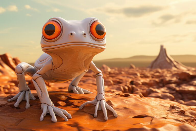 Robot white frog with orange eyes