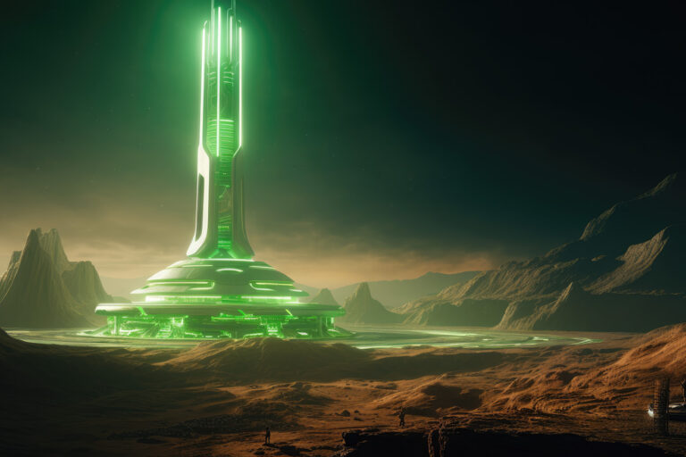 Huge futuristic tower with green lights