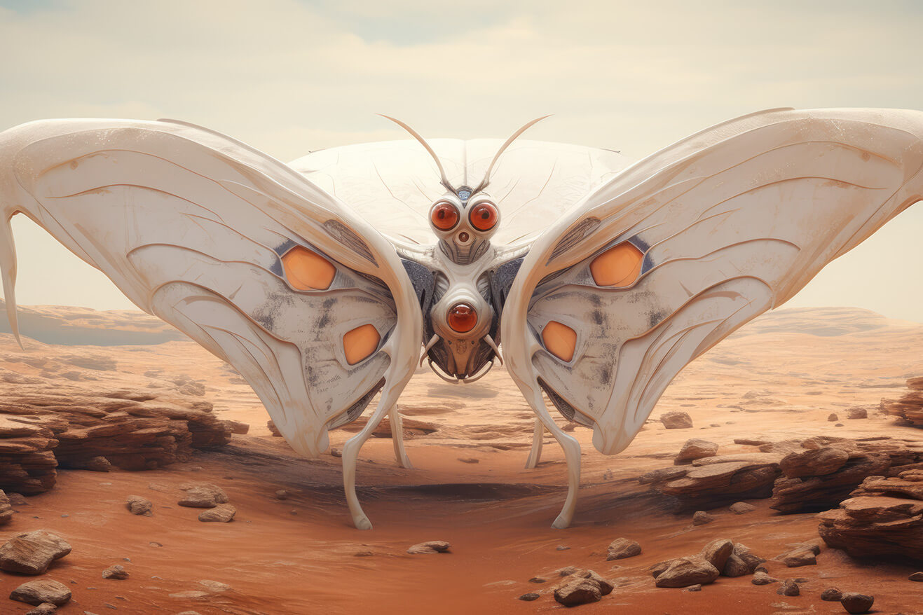 Weird white butterfly creature in desert