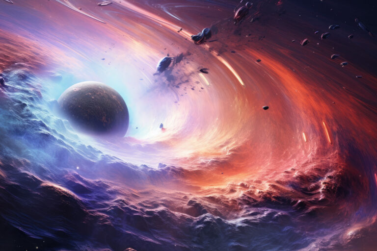 Dark planet in colorful clouds formation