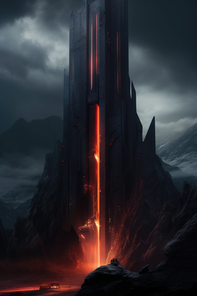 Huge black tower with red lights