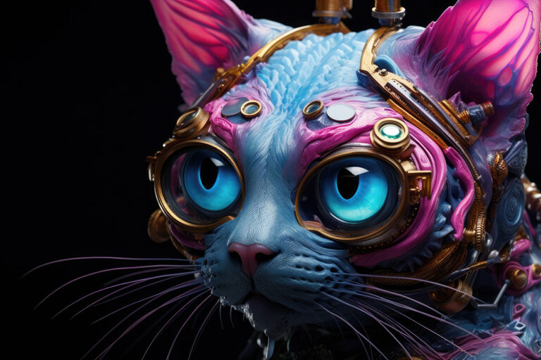 Alien cat with blue skin and pink ears