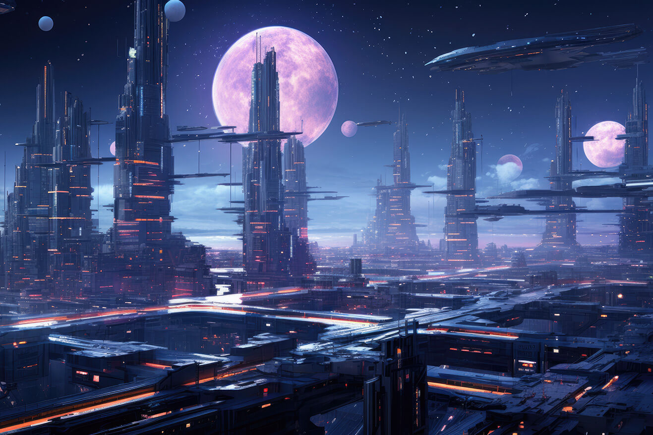 Futuristic city on some planet in neon lights