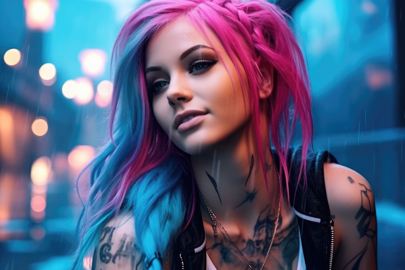 Smiling pink hair girl on blue bokeh background