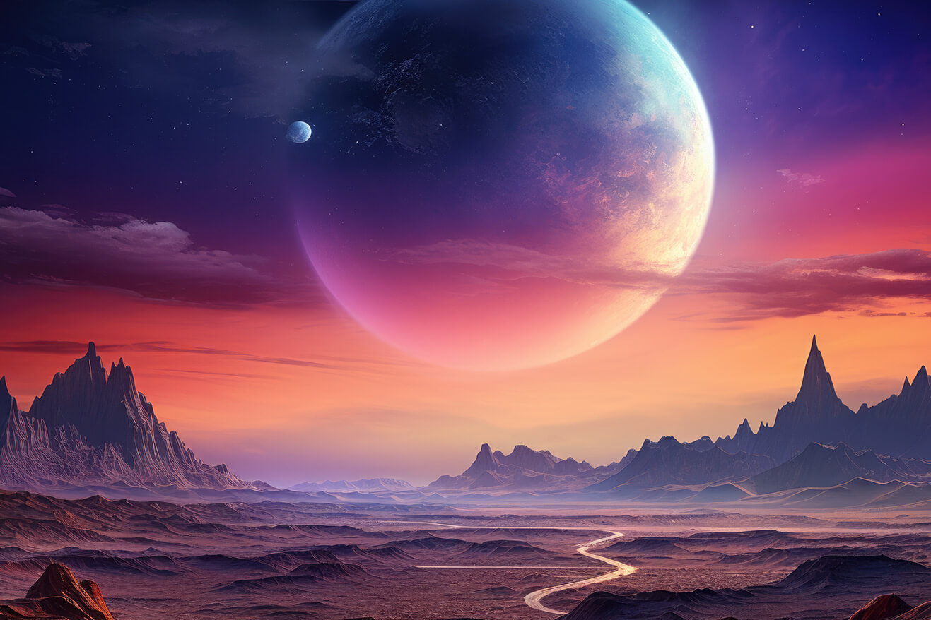 Unknown planet landscape in pastel lights with huge planet rising