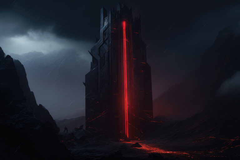 Black metallic tower with red lights