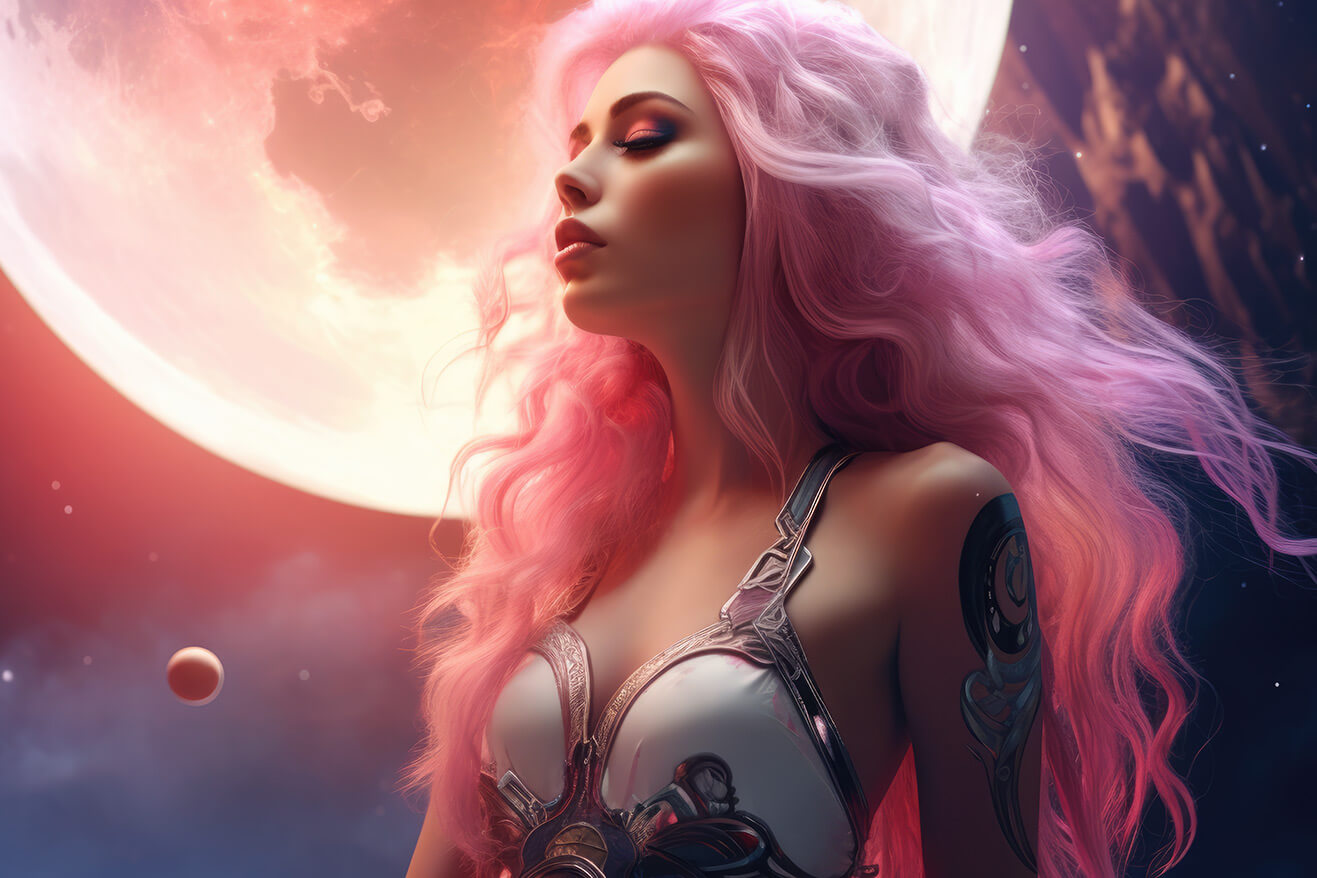 Pink hair girl opposite huge moon