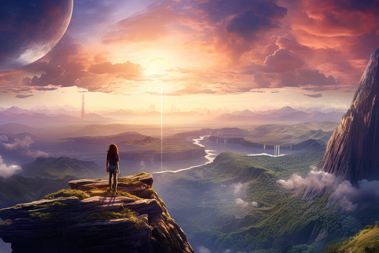 Woman looking on planet landscape from top of mountain