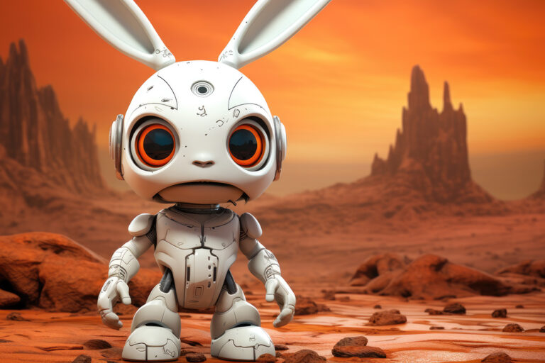 Funny white rabbit robot on red planet