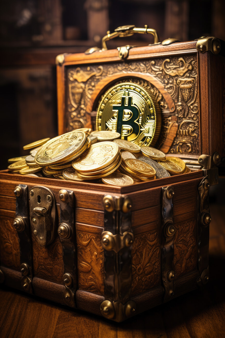 Treasure chest with golden bitcoins