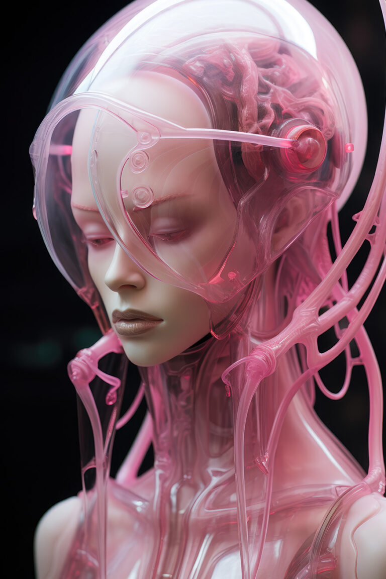 Alien woman with pink tubes and transparent helmet