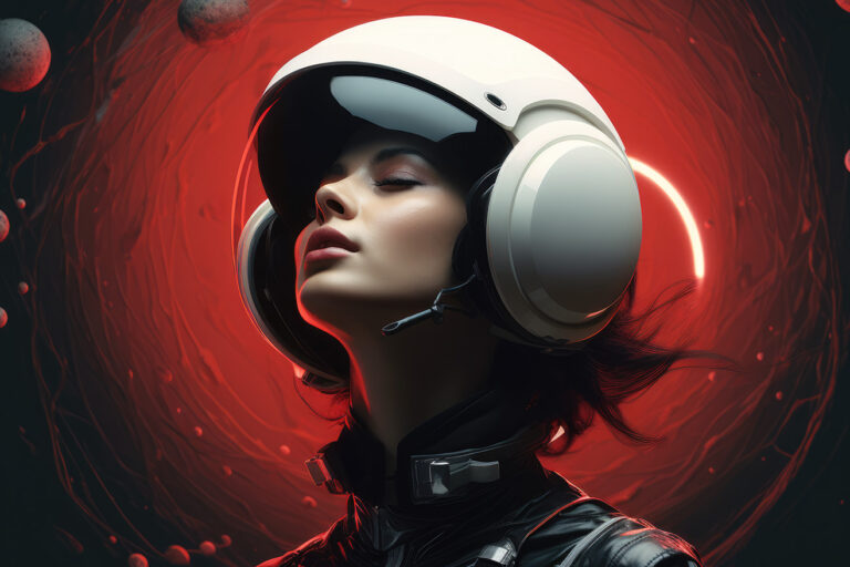 Girl in white helmet on weird red background