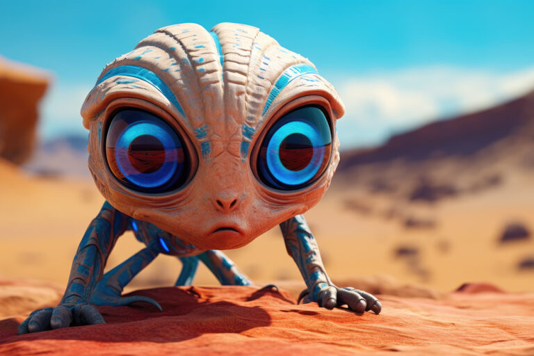 Surprised alien creature with blue eyes