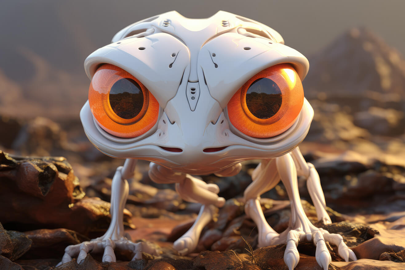 White alien lizard creature with big orange eyes