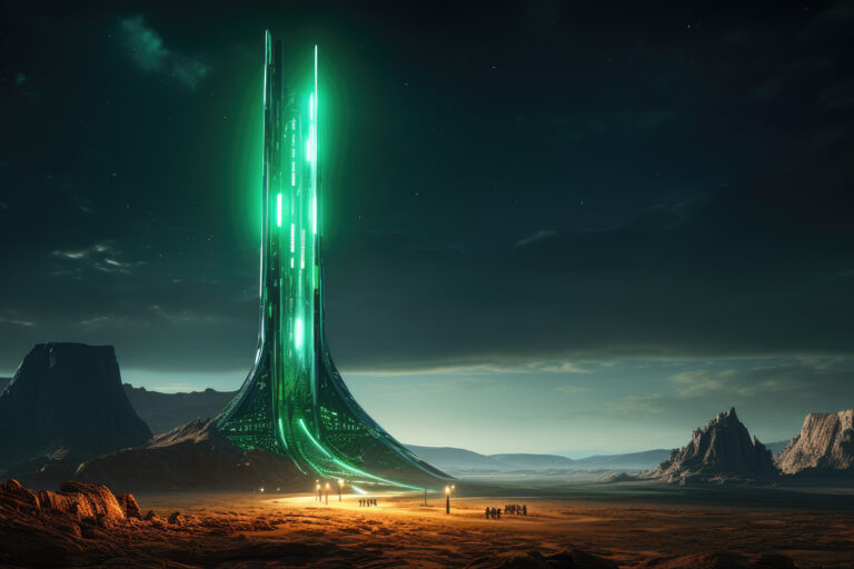 Tall green building on some planet