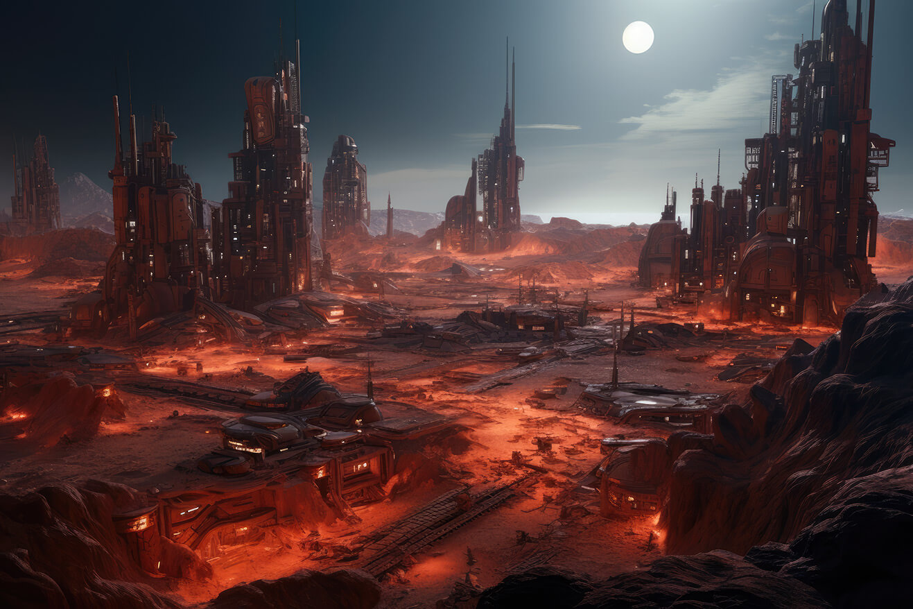 Furutistic colony buildings in orange lights on some planet