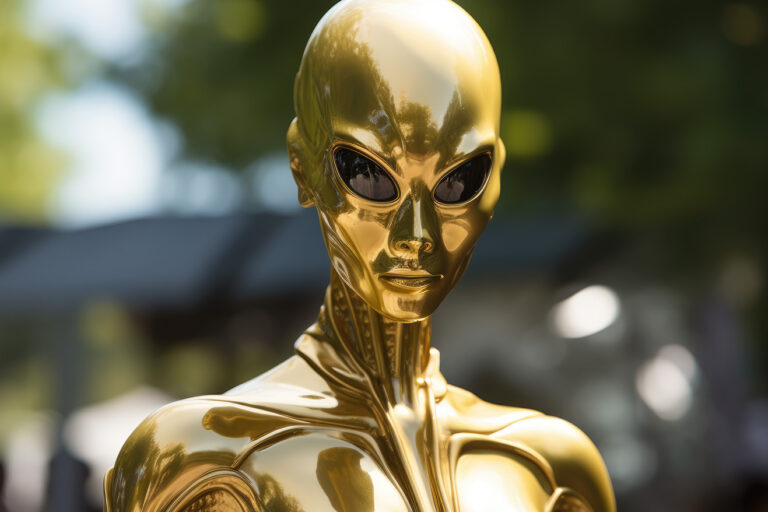 Metallic golden alien with black eyes