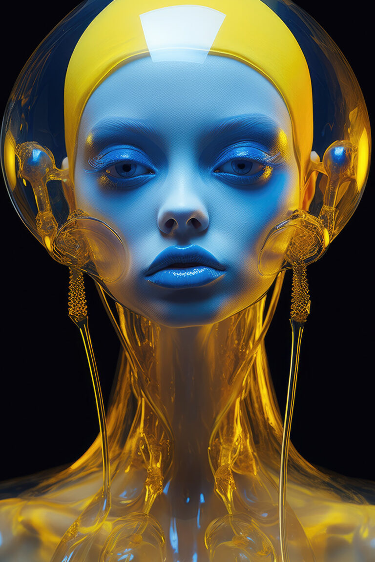 Transparent yellow alien woman with blue face