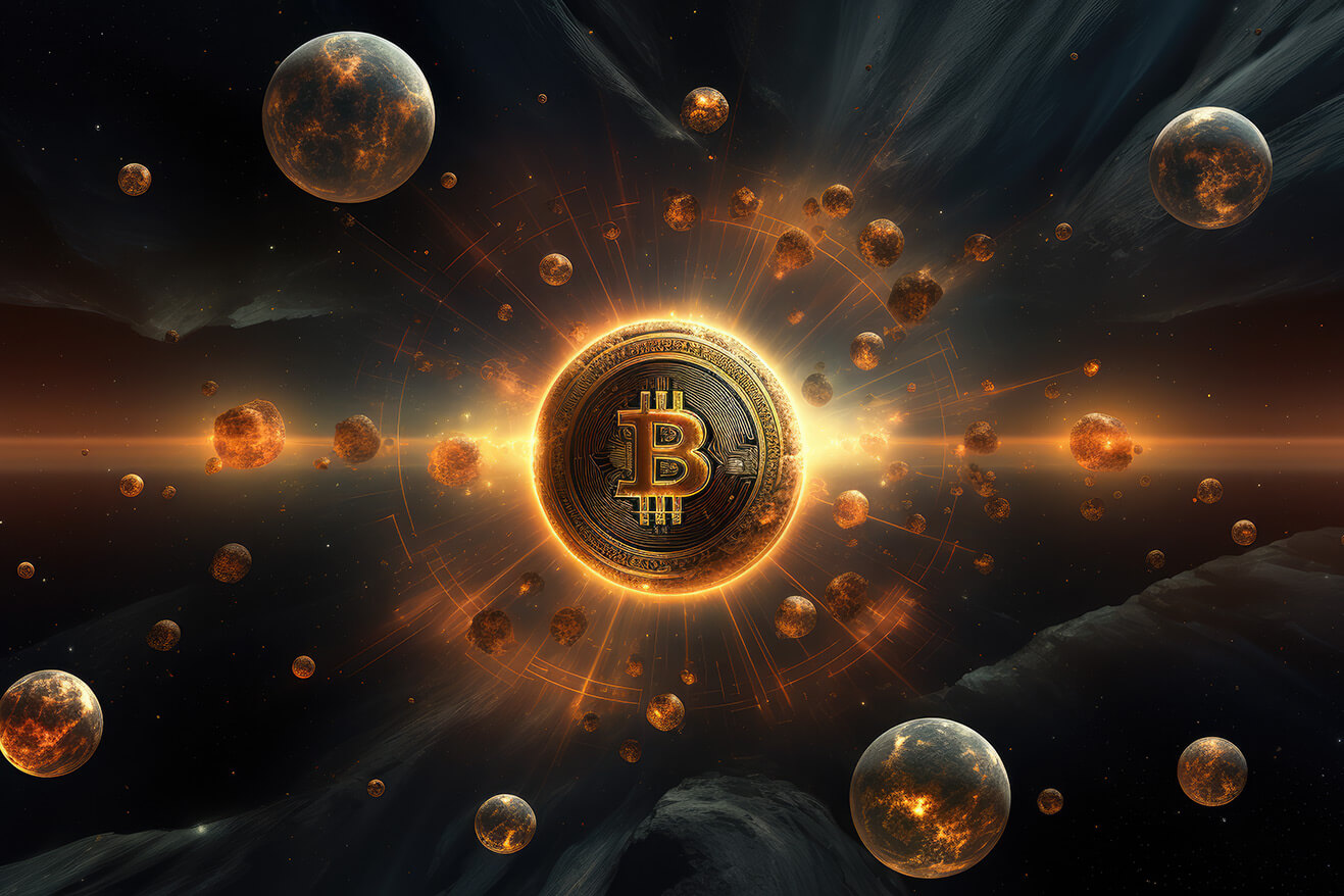 Bitcoin logo in a fire in black space with dark planets