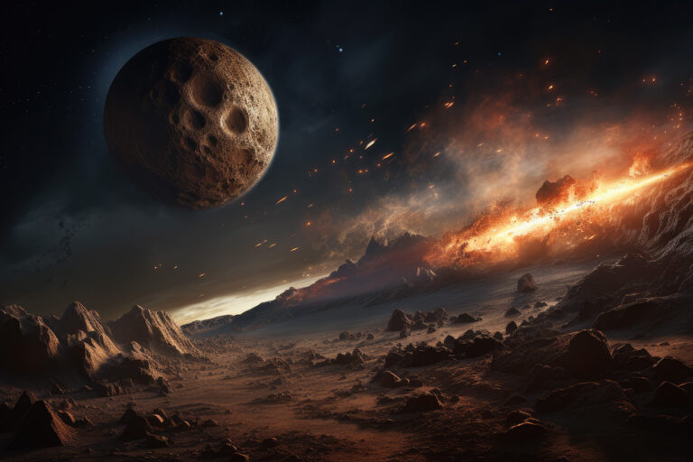 Planet landscape with fire and stone moon