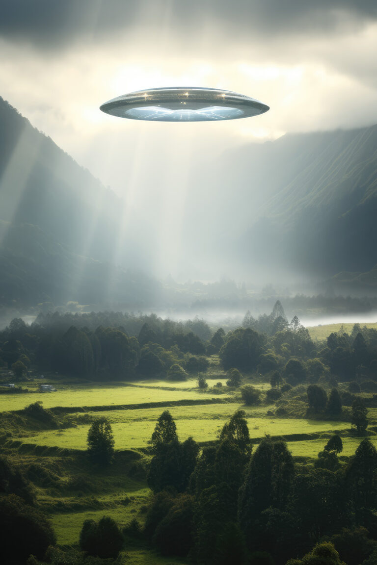 UFO flying over the green walley