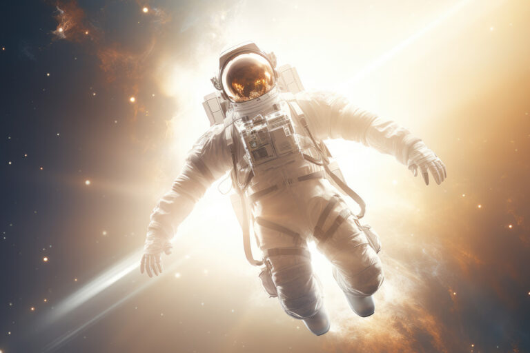 Astronaut in space on explosion orange background