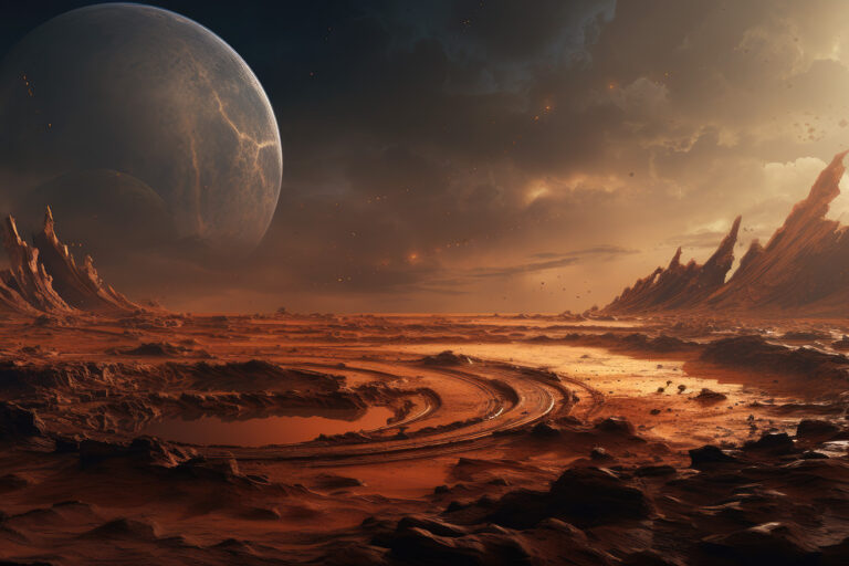 Big planet rising over red planet landscape