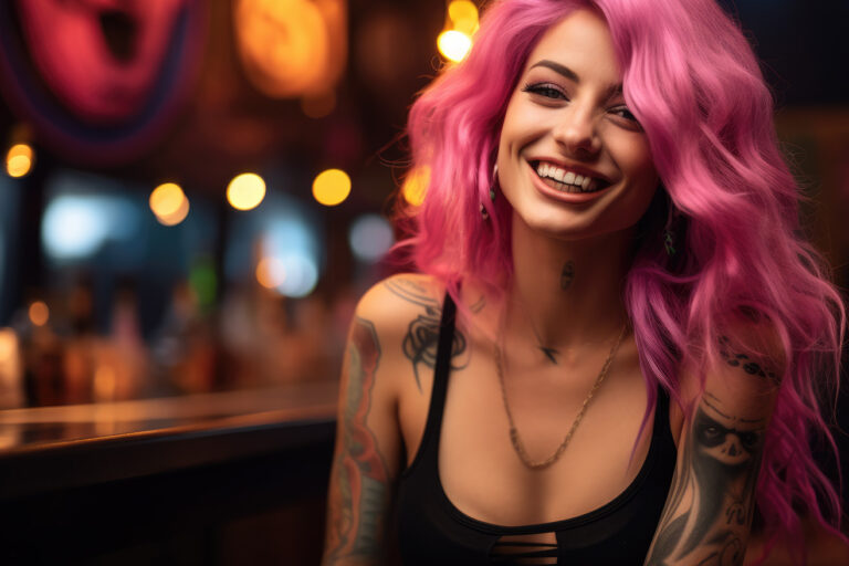 Smiling pink hair girl with tattoo