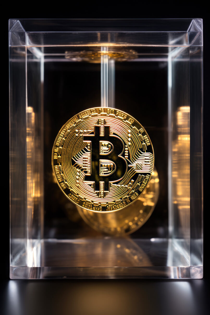 Golden bitcoin in transparent cube