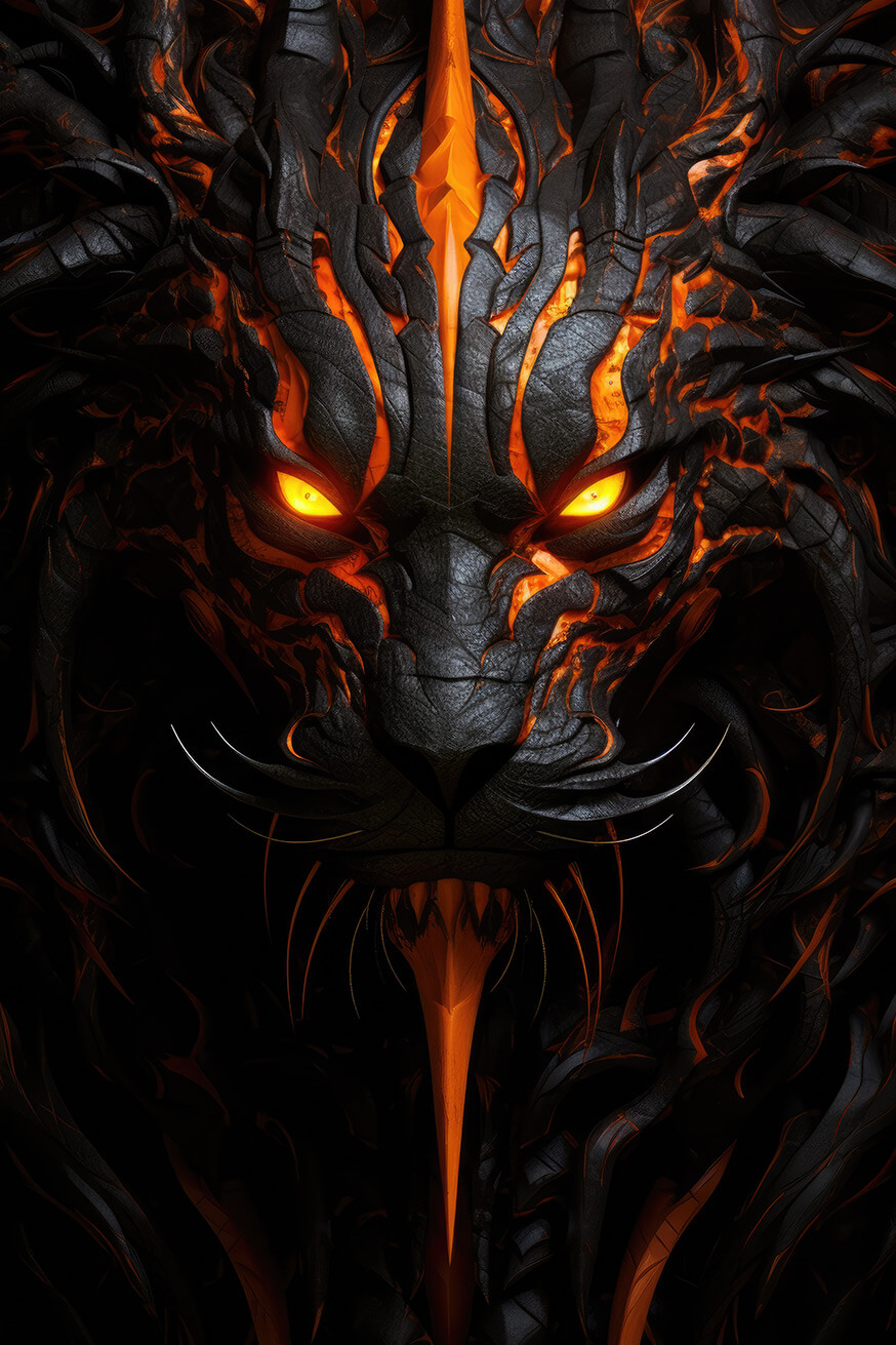 Scary black tiger monster with inner orange fire